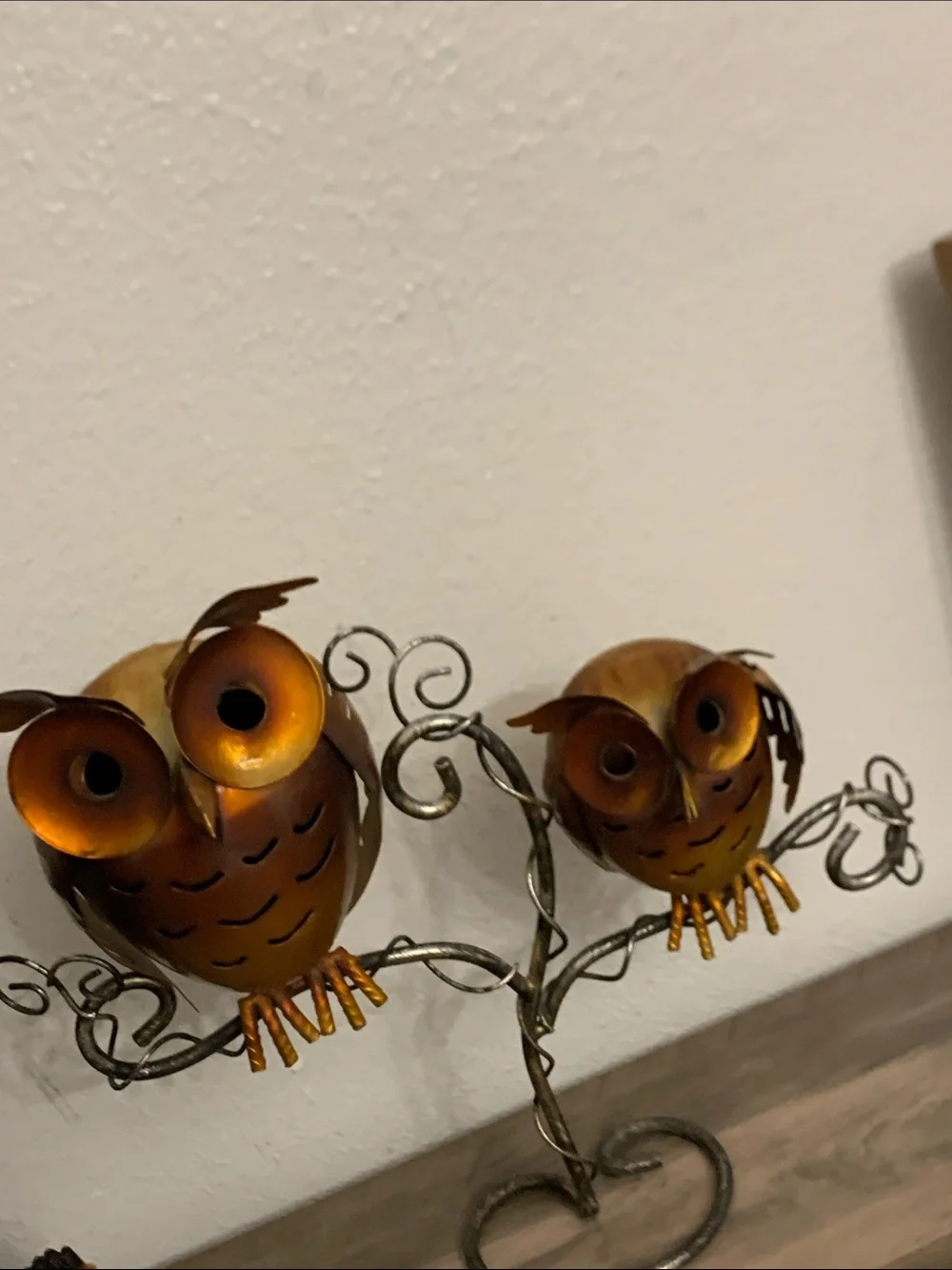 VTG Double Owls Metal Copper Sculpture OnTree Branches